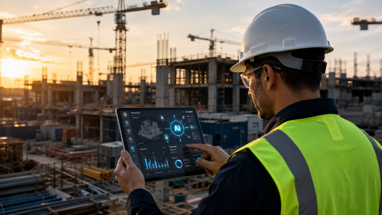 Engineer reviewing a 3D model in AI construction management software on site