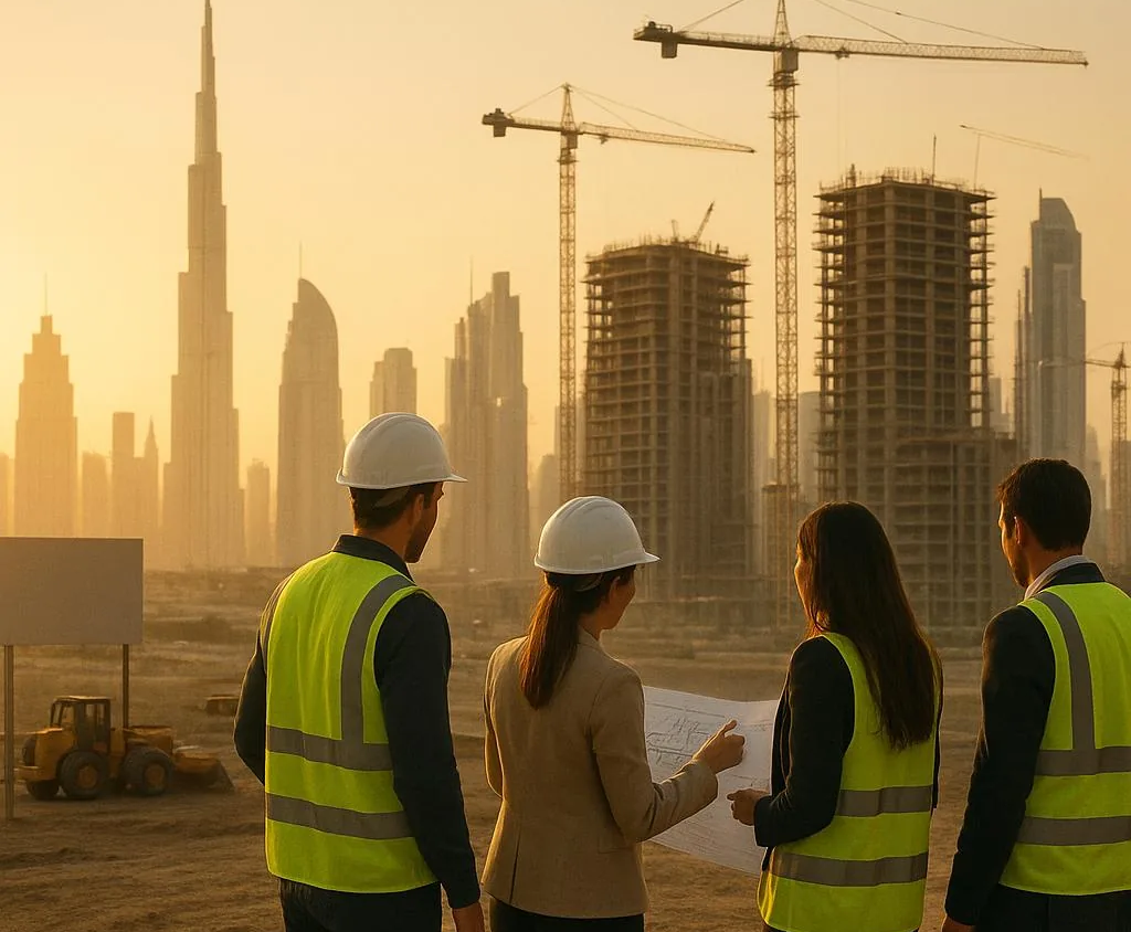 Consultants reviewing construction drawings with the Dubai skyline behind them