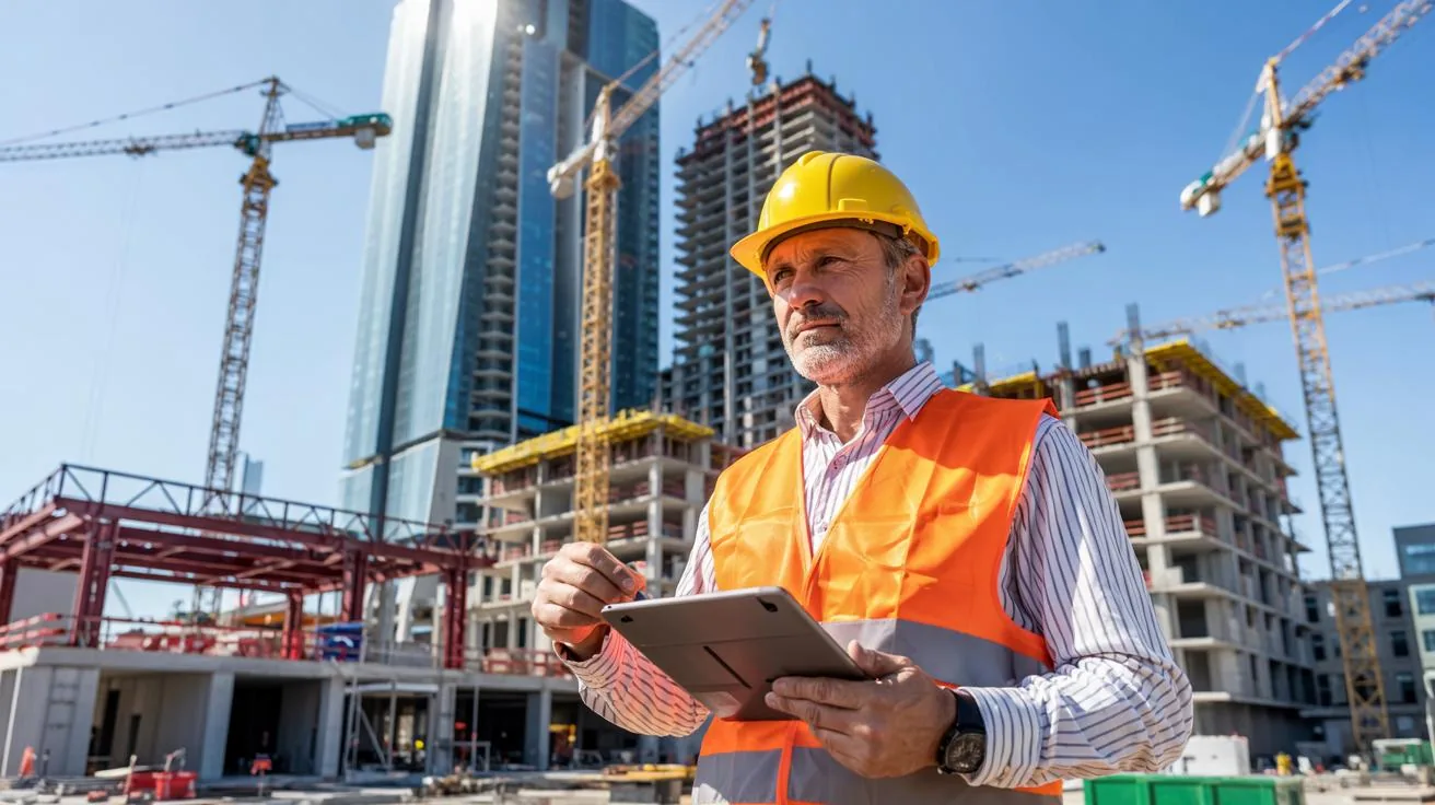 Construction manager using cloud construction management software on a UAE tower project